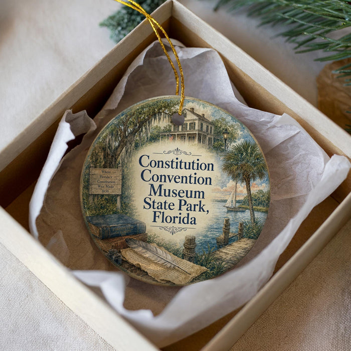 A decorative ornament in a box, featuring an illustration of a historic building and a palm tree, with text that reads "Constitution Convention Museum State Park, Florida".