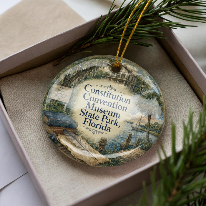 A decorative ornament in a box, featuring an illustration of the Florida State Park Museum and the words "Constitution Convention Museum" on it.