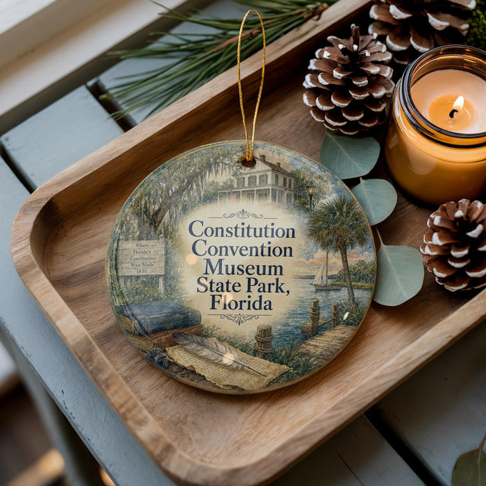 A decorative ornament featuring the Statue of Liberty and the Florida State Park, with the text "Constitution Convention Museum State Park, Florida" displayed on it. The ornament is placed on a wooden tray, with pine cones and a lit candle nearby.