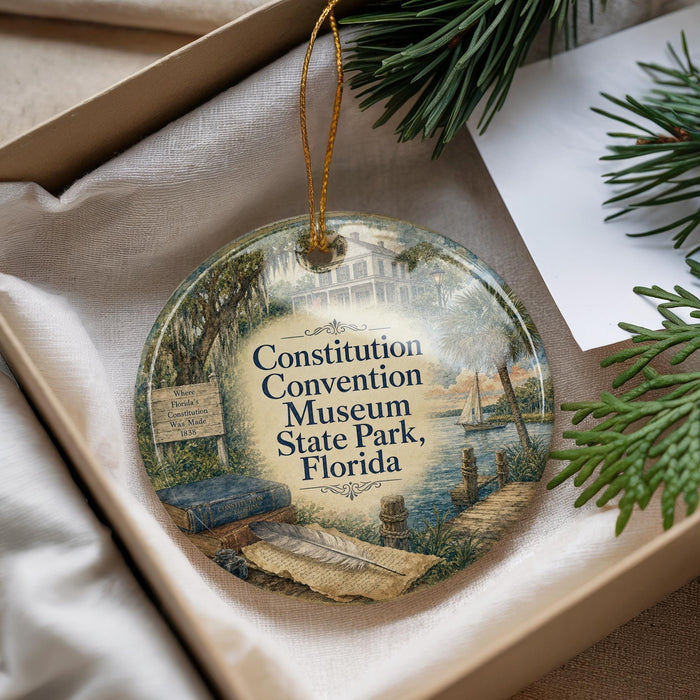A decorative ornament in a box, featuring an illustration of the Florida Convention Museum and its surrounding landscape.