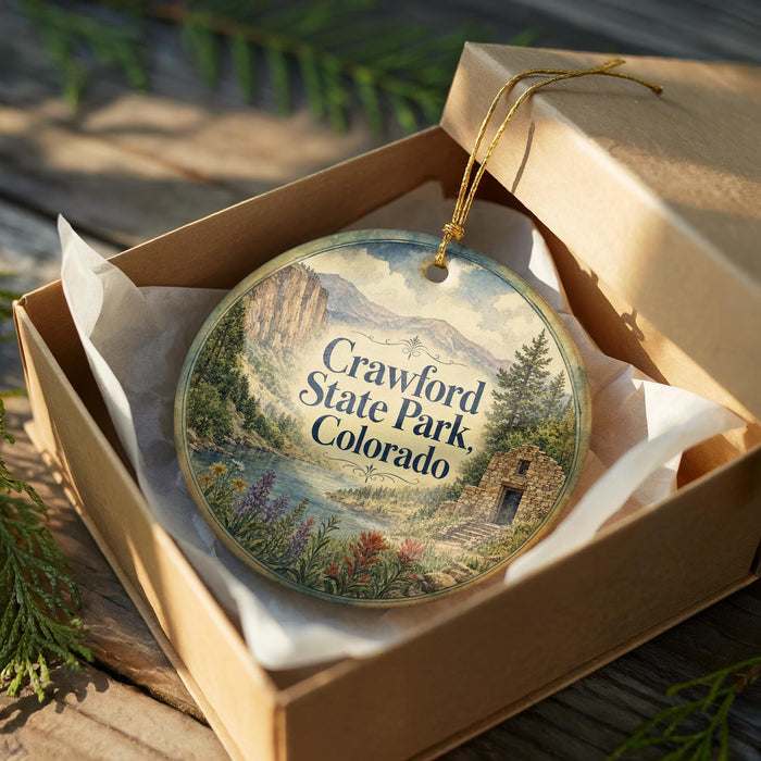 A circular ornament in a wooden box, featuring a scenic landscape with mountains, a river, and colorful flowers.