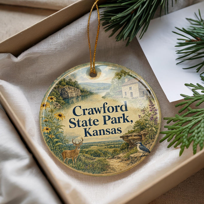 A decorative ornament with a scenic landscape of Crawford State Park, Kansas, featuring a deer, a bird, and a house, hanging from a string.