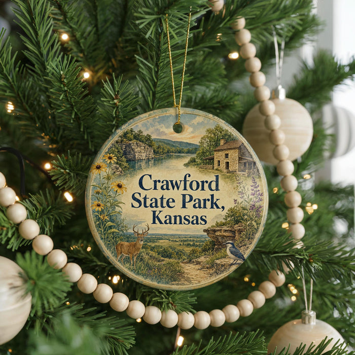 A round ornament hanging on a Christmas tree, featuring a scenic landscape with a river, a house, and various wildlife.