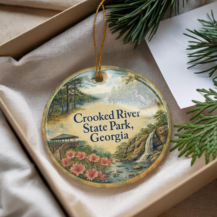 A decorative ornament with a scenic landscape of Crooked River State Park, Georgia, featuring a waterfall, pine trees, and a bird.