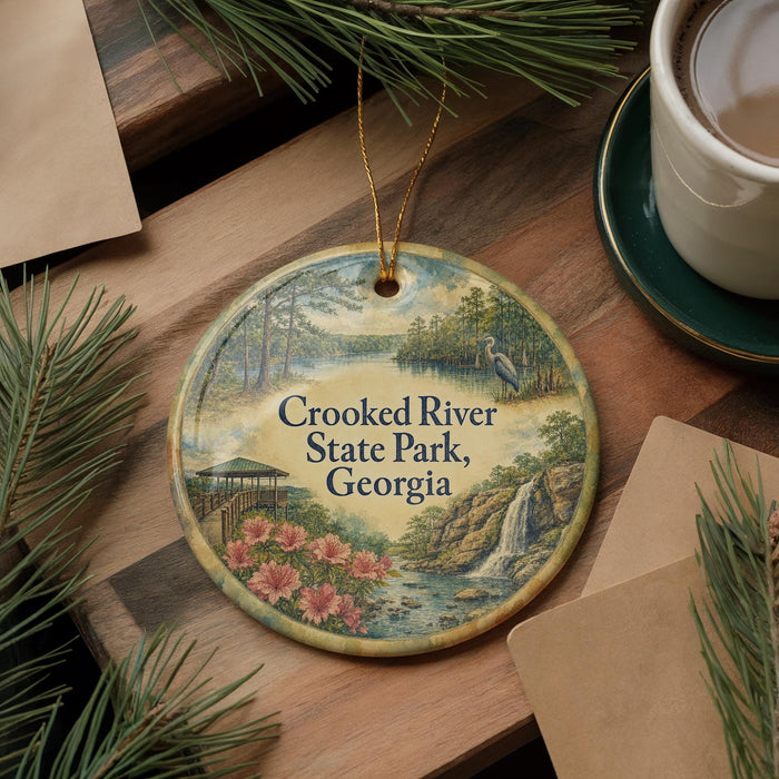 A decorative ornament with a scenic image of Crooked River State Park, Georgia, featuring a waterfall, pine trees, and pink flowers.