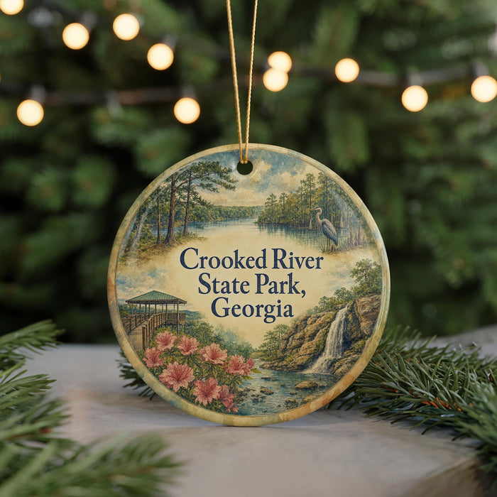 A round ornament with a scenic landscape of Crooked River State Park, Georgia, featuring a waterfall, pine trees, and a bird.