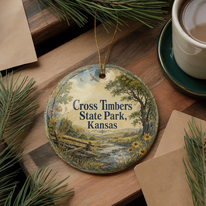 A decorative ornament with a scenic landscape of Cross Timbers State Park, Kansas, featuring a river, trees, and a bridge.