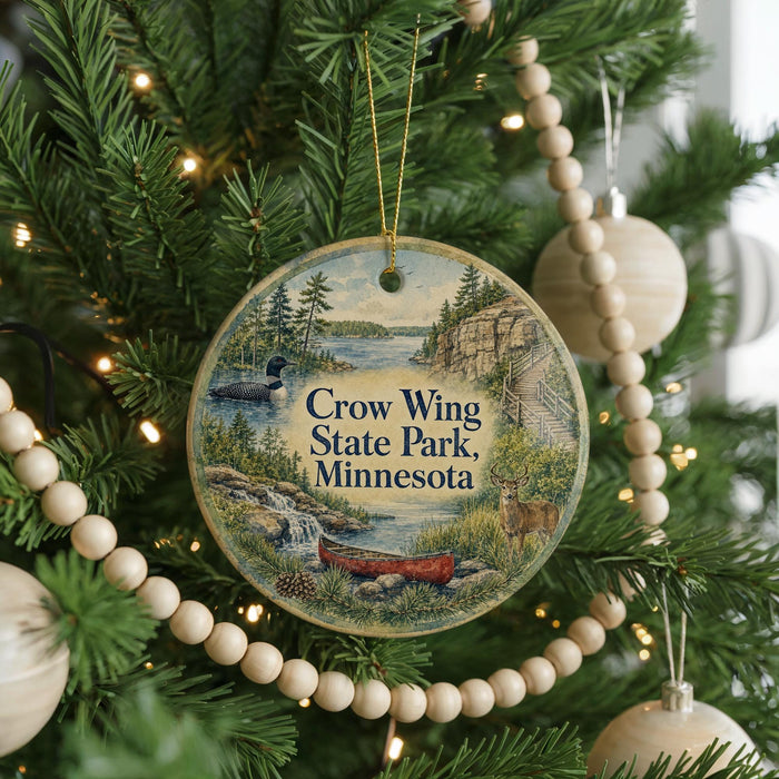 A circular ornament hanging on a Christmas tree, featuring a scenic image of Crow Wing State Park, Minnesota.