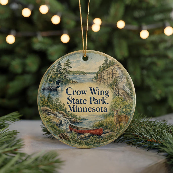 A decorative ornament featuring a scenic landscape of Crow Wing State Park in Minnesota, with a canoe and other wildlife elements.