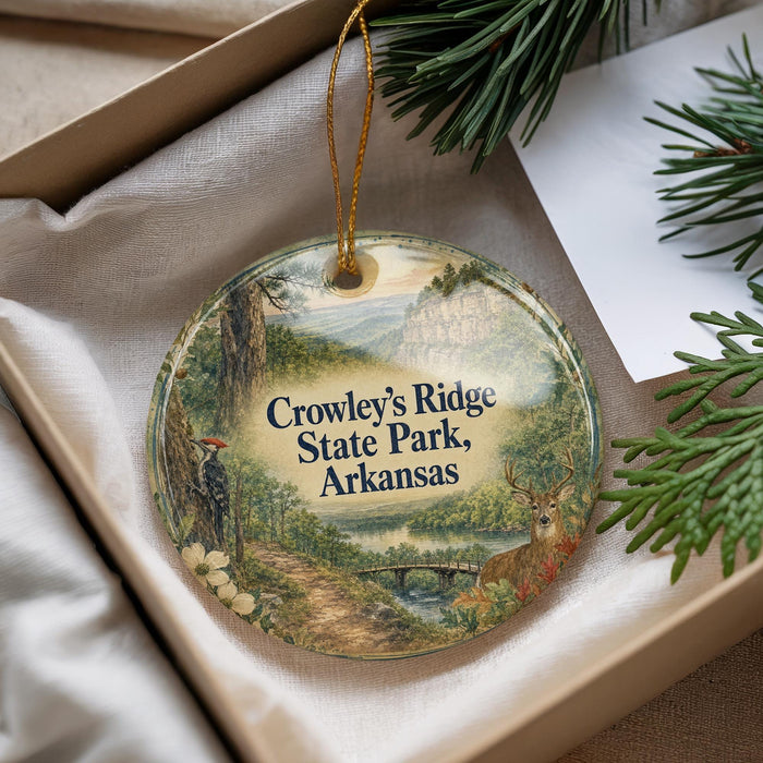 A decorative ornament with a scenic landscape of a forest and a river, featuring a deer and a bridge, is displayed in a box with pine branches.