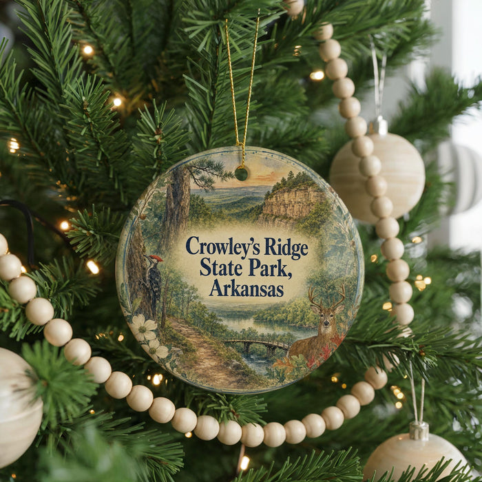 A round ornament hanging on a Christmas tree, featuring a scenic image of a park and a deer.