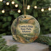 A round ornament with a scenic image of a park, featuring a deer, a bridge, and a pine tree, with the text "Crowley's Ridge State Park, Arkansas" displayed on it.