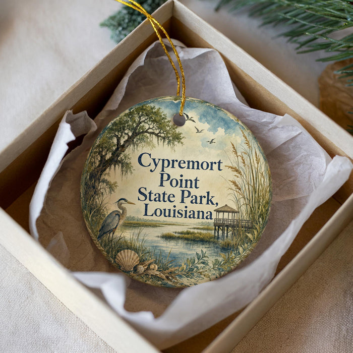 A decorative ornament in a box, featuring a scenic image of Cypremort Point State Park in Louisiana.