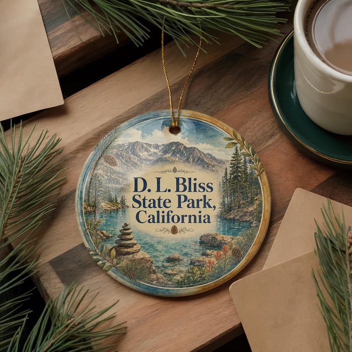 A decorative ornament featuring the text "D.L. Bliss State Park, California" surrounded by a scenic landscape with mountains, pine trees, and a body of water.