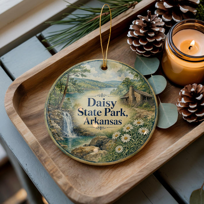 A decorative ornament featuring a scenic image of Daisy State Park in Arkansas, with a waterfall and pine trees, is displayed on a wooden tray alongside pine cones and a lit candle.