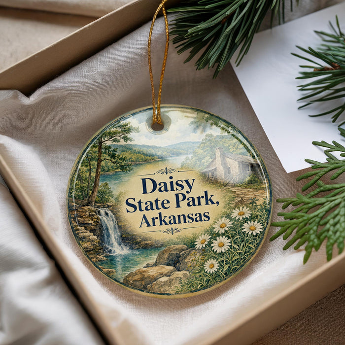 A decorative ornament with a scenic image of Daisy State Park, Arkansas, featuring a waterfall, pine trees, and flowers.