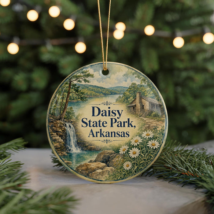 A decorative ornament featuring a scenic landscape with a waterfall, surrounded by pine trees and flowers, with the text "Daisy State Park, Arkansas" prominently displayed.
