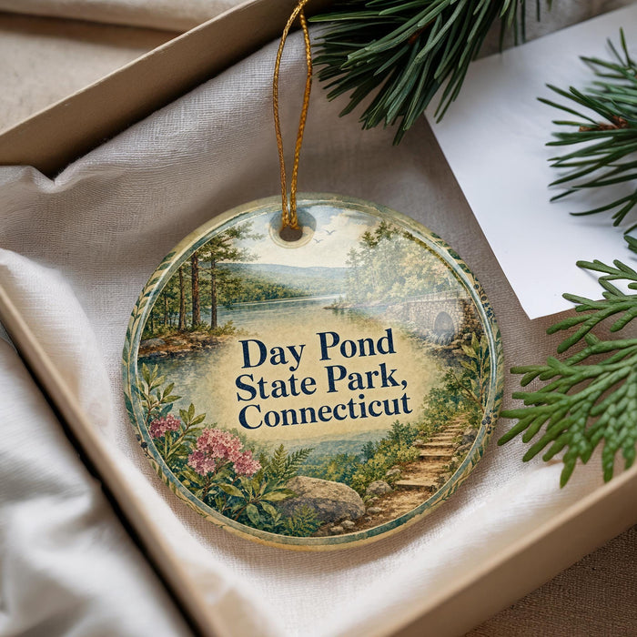 A decorative ornament with a scenic landscape of Day Pond State Park in Connecticut, featuring a winding path, trees, and a body of water.
