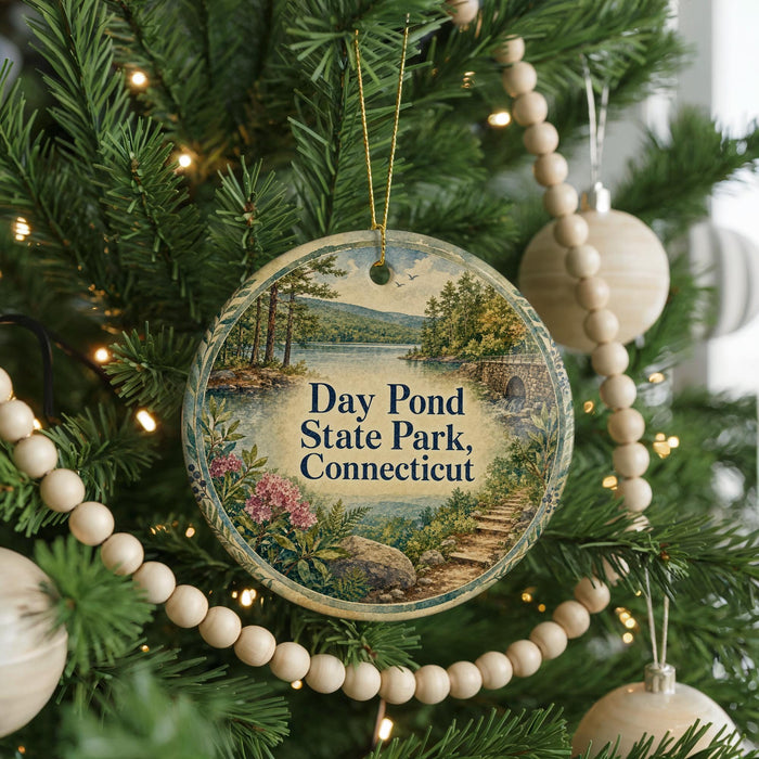 A round ornament hanging on a Christmas tree, featuring a scenic landscape with a lake and mountains.