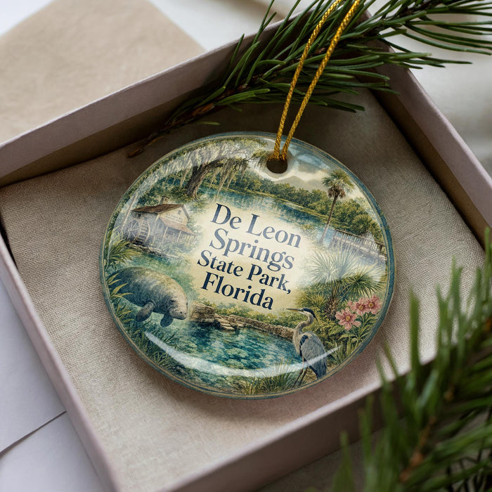 A decorative ornament featuring a scenic image of De Leon Springs State Park in Florida, with a bird and palm trees in the background.
