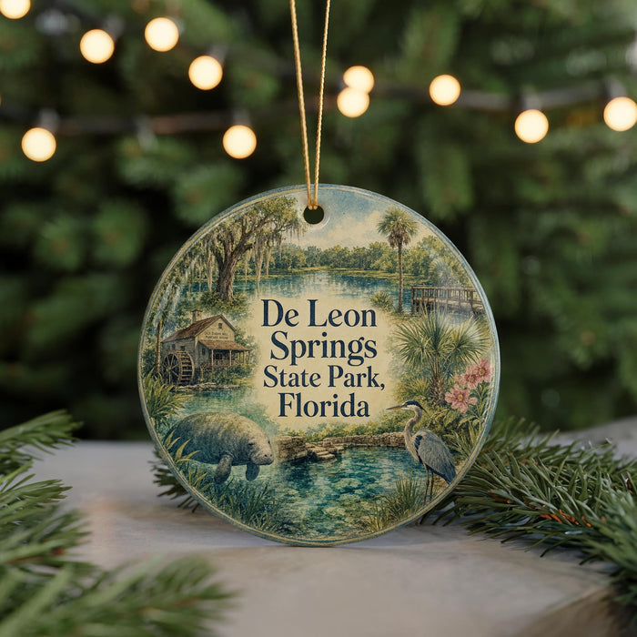 A round ornament with a scenic image of De Leon Springs State Park, Florida, featuring a manatee, a bird, and a house.