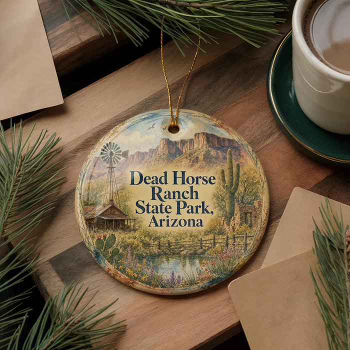 A decorative ornament featuring a scenic image of Dead Horse Ranch State Park, Arizona, with a windmill and desert landscape.