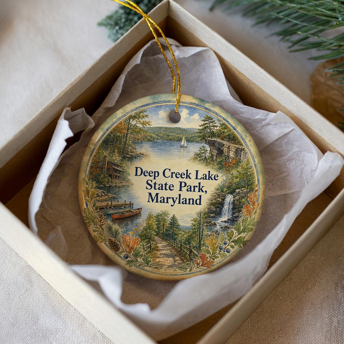 A decorative ornament in a box, featuring a scenic landscape with a lake, waterfall, and boats.