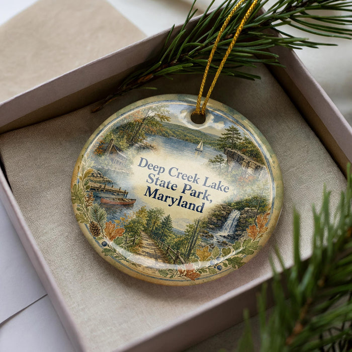 A decorative ornament in a box, featuring a scenic image of Deep Creek Lake State Park, Maryland.