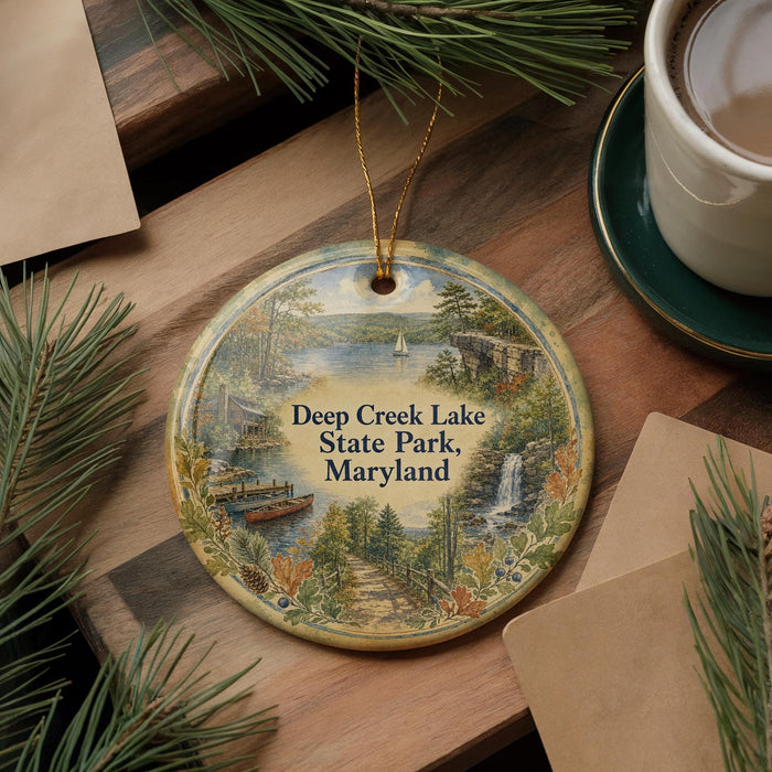 A decorative ornament featuring a scenic image of Deep Creek Lake State Park, Maryland, with a boat and a waterfall in the background. The ornament is hanging on a wooden surface, surrounded by pine branches and a cup of coffee.