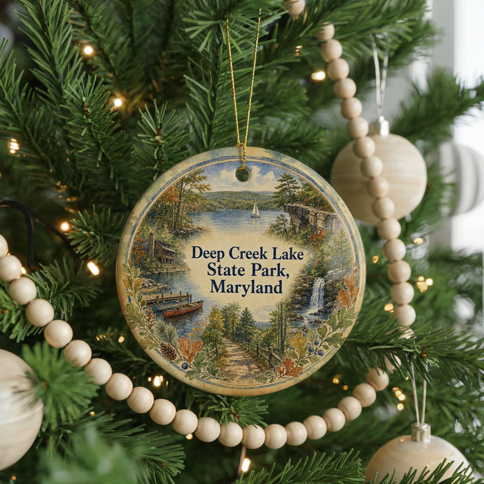 A round ornament hanging on a Christmas tree, featuring a scenic image of Deep Creek Lake State Park, Maryland.