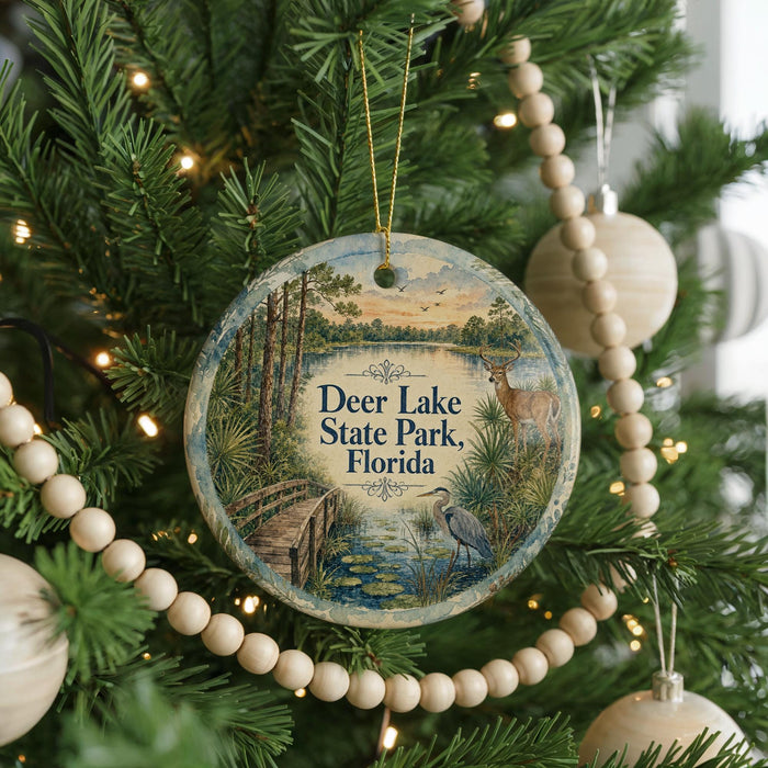 A Christmas tree decorated with ornaments, including a round ornament with a scenic image of Deer Lake State Park, Florida.