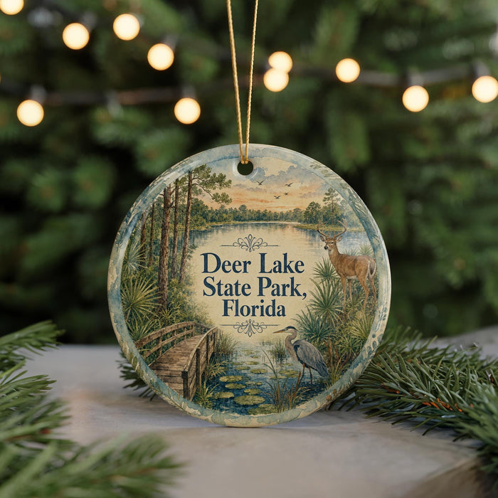 A decorative ornament featuring a scenic image of Deer Lake State Park, Florida, with a bridge, trees, and wildlife.
