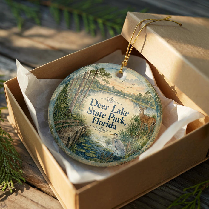 A decorative ornament in a brown box, featuring a scenic landscape with a lake, palm trees, and wildlife.
