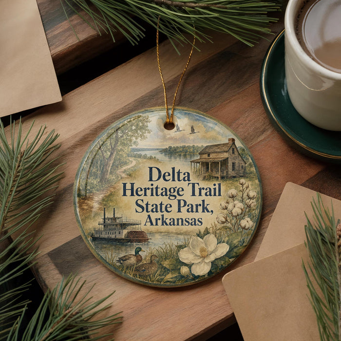 A decorative ornament featuring illustrations of Delta Heritage Trail State Park in Arkansas, with a boat and a house in the background.