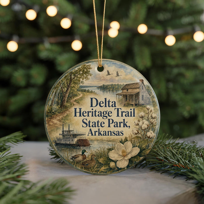 A round ornament with a scenic illustration of Delta Heritage Trail State Park in Arkansas, featuring a river, a house, and wildlife.