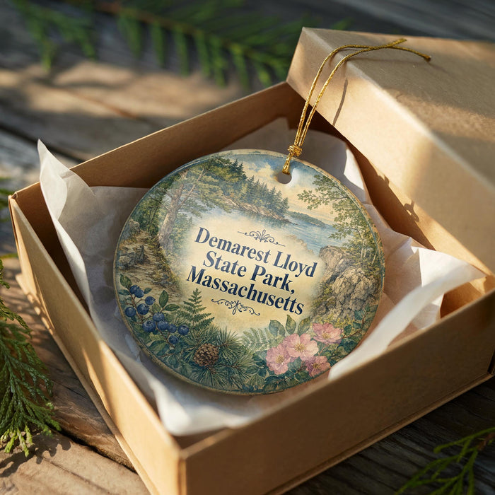 A decorative ornament in a box, featuring a scenic landscape with pine trees, flowers, and a body of water.