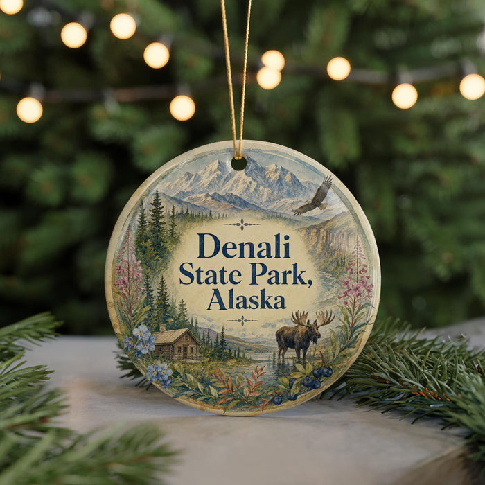 A circular ornament with a mountain landscape and a moose, hanging from a string.