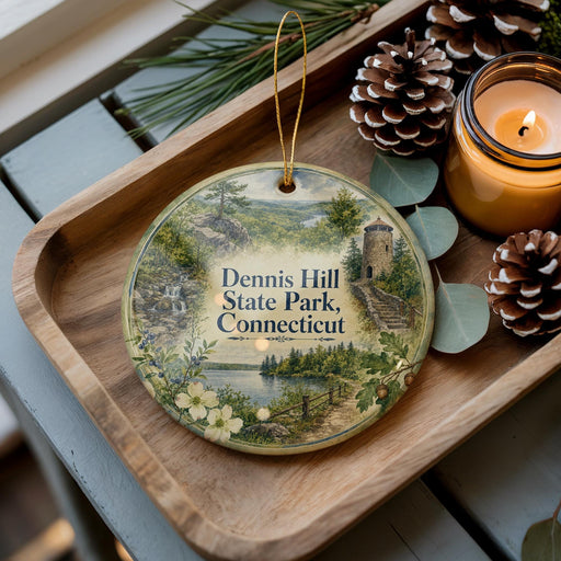 A decorative ornament featuring a scenic landscape of Dennis Hill State Park in Connecticut, with pine cones and a lit candle on a wooden tray.