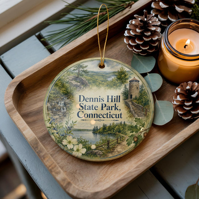 A decorative ornament featuring a scenic landscape of Dennis Hill State Park in Connecticut, with pine cones and a lit candle on a wooden tray.
