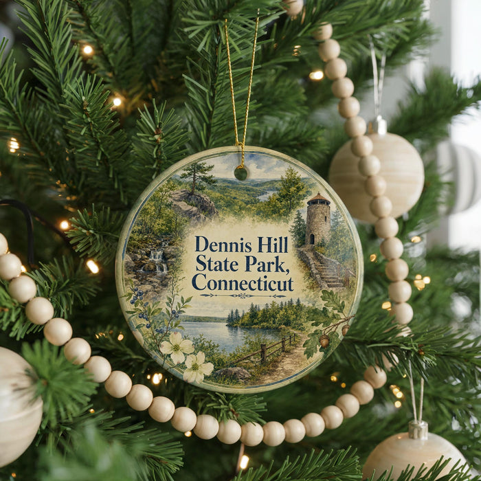 A round ornament hanging on a Christmas tree, featuring a scenic landscape with a lake, mountains, and a tower.