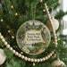 A round ornament hanging on a Christmas tree, featuring a scenic landscape with a lake, mountains, and a tower.