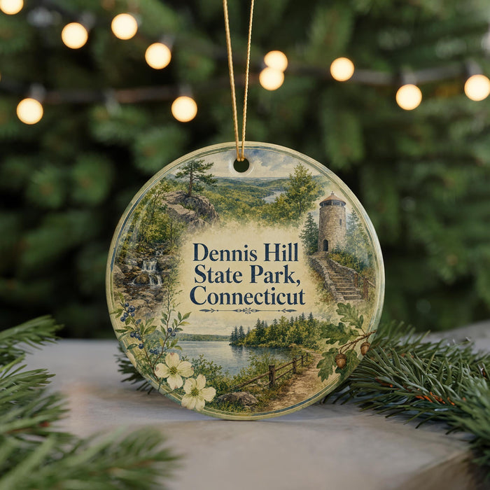 A round ornament with a scenic landscape of Dennis Hill State Park, Connecticut, featuring a waterfall, a tower, and a lake.