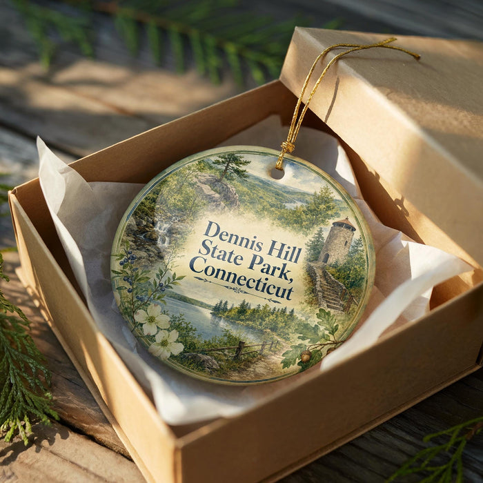 A decorative ornament in a box, featuring a scenic landscape with a castle, trees, and a lake.