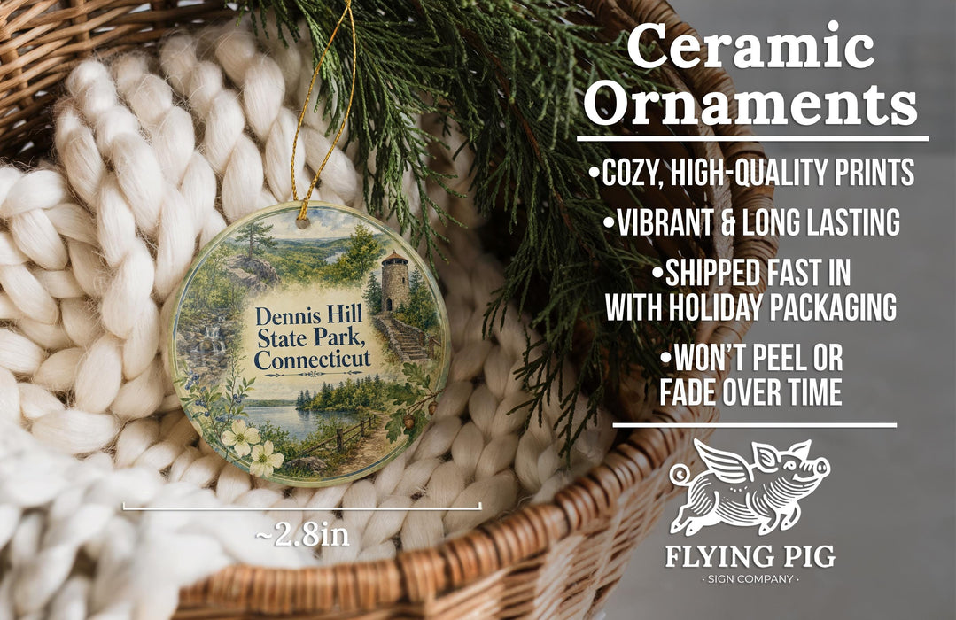 Ceramic ornaments, featuring a detailed image of Dennis Hill State Park, Connecticut, hanging from a wicker basket.