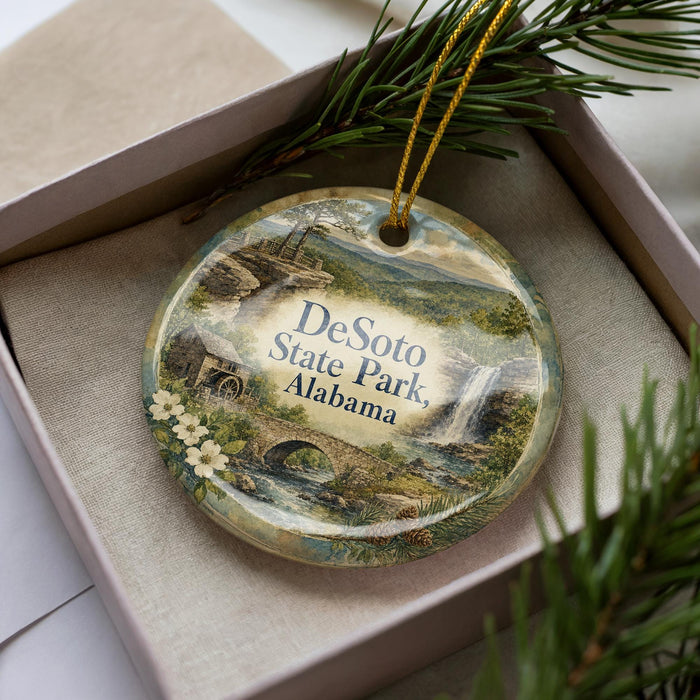 A decorative ornament in a box, featuring a scenic landscape with a waterfall and a bridge.