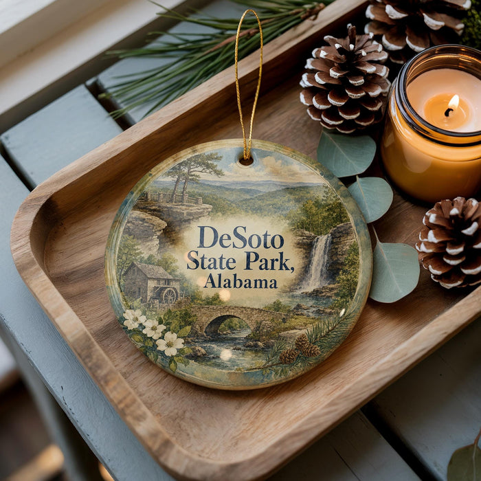 A decorative ornament featuring a scenic landscape of DeSoto State Park, Alabama, with a candle and pine cones on a wooden tray.