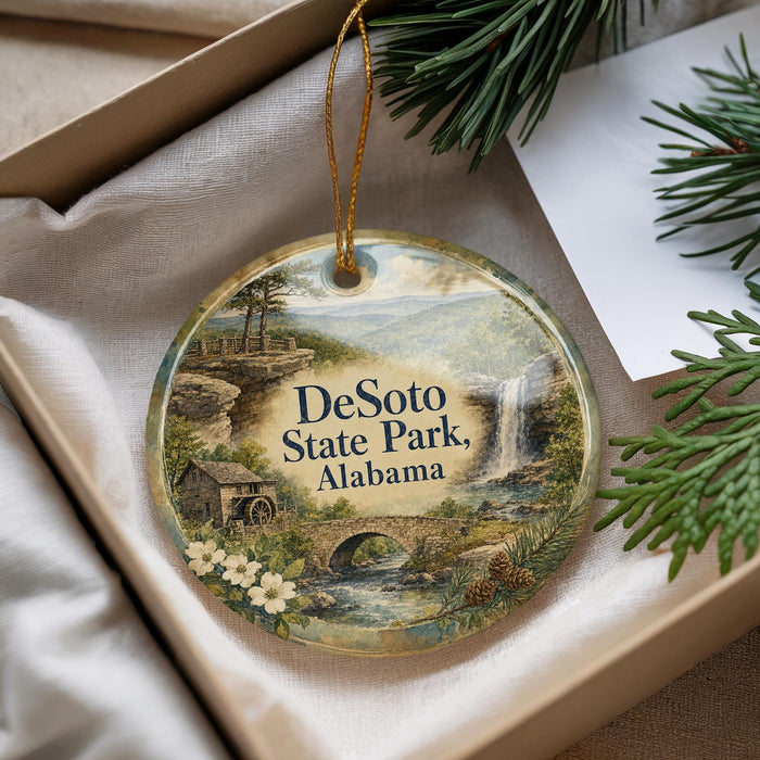 A decorative ornament with a scenic landscape of DeSoto State Park, Alabama, featuring a waterfall, bridge, and pine trees.