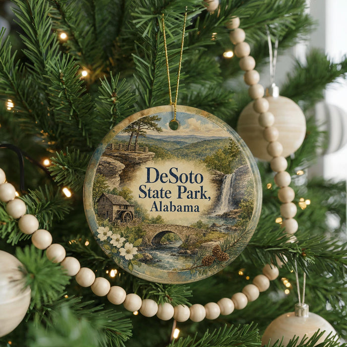 A round ornament hanging on a Christmas tree, featuring a scenic landscape with a waterfall and a bridge.
