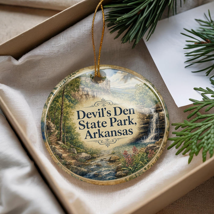 A decorative ornament with a scenic landscape of Devil's Den State Park in Arkansas, featuring a waterfall and lush greenery.