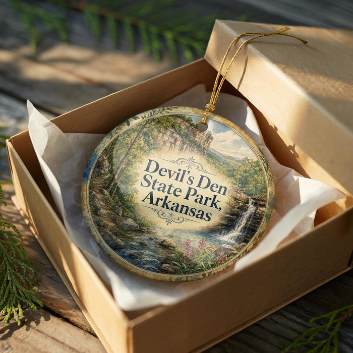 A decorative ornament in a box, featuring a scenic landscape with a waterfall and greenery.